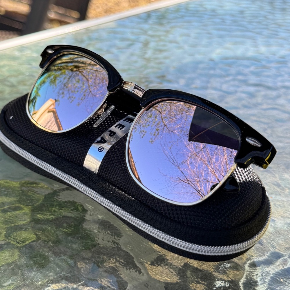 Browline Reflective Sunglasses Black Gold Mirrored Purple Lens Rectangular Frame
